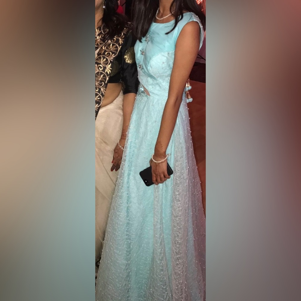 Blue net long anarkali Kurta with churidar and dupatta